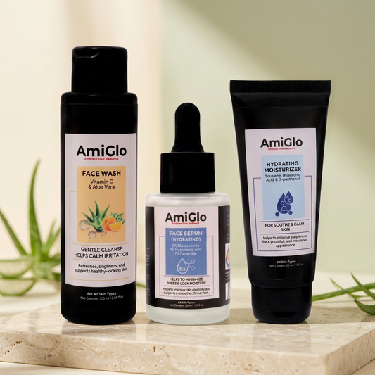 AmiGlo skincare combo with an aloe-inspired background