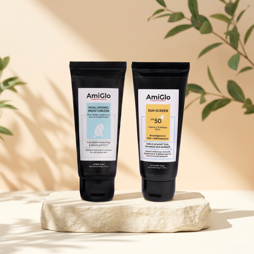 AmiGlo Hyaluronic Moisturizer and Sunscreen for Dry Skin combo on a warm botanical background