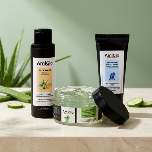 AmiGlo Face Wash, open Aloevera Gel jar and Hydrating Moisturizer combo with a botanical background